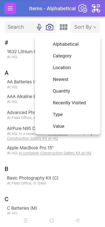Image of Item List Page with sort options showing for Alphabetical, Category, Location, Newest, Quantity, Recently visited, Type and Value