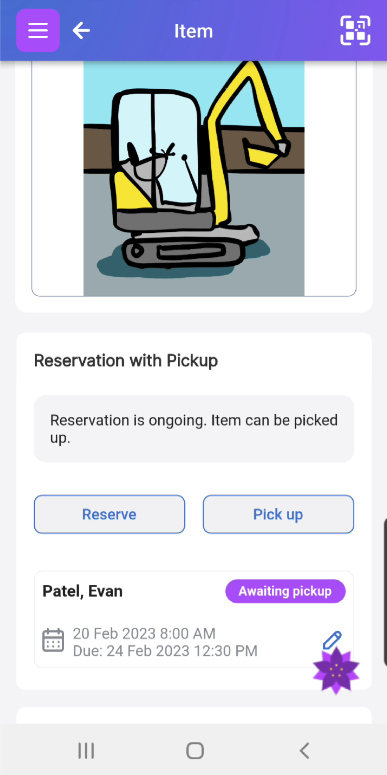 Bottom of Item screen showing that a reservation is ongoing and the Item can be picked up.