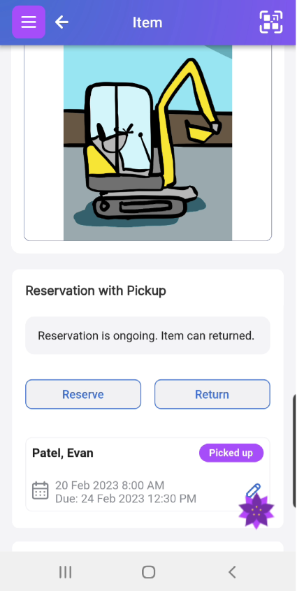 Bottom of Item screen showing that a reservation is ongoing. Item can be returned.