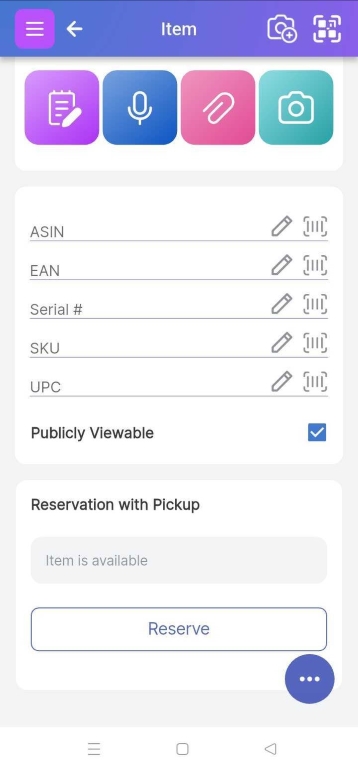 Image showing ASIN, EAN, Serial Number, SKU, and UPC fields with a barcode scan icon next to them, allowing users to type or scan values