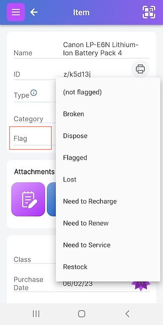 Scanlily pulldown showing default flag values of Broken, Dispose, Flagged, Lost, Need to Recharge, Need to Renew, Need to Service, Restock
