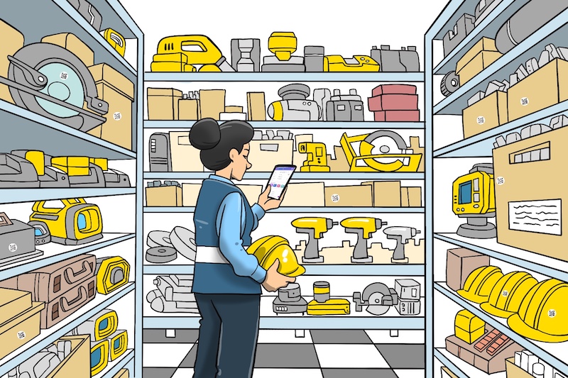 Young woman, who might be a surveyor, using Scanlily on a mobile phone to inventory various surveying and construction equipment in an inventory room.