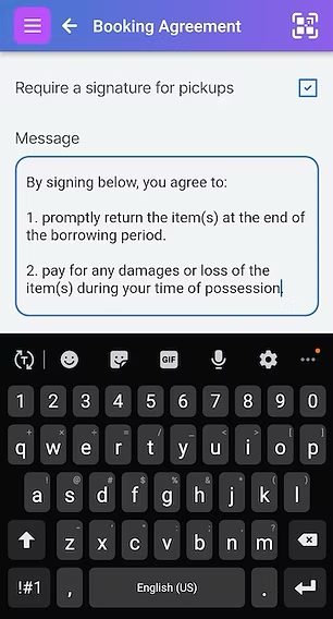 Screen for editing the booking agreement