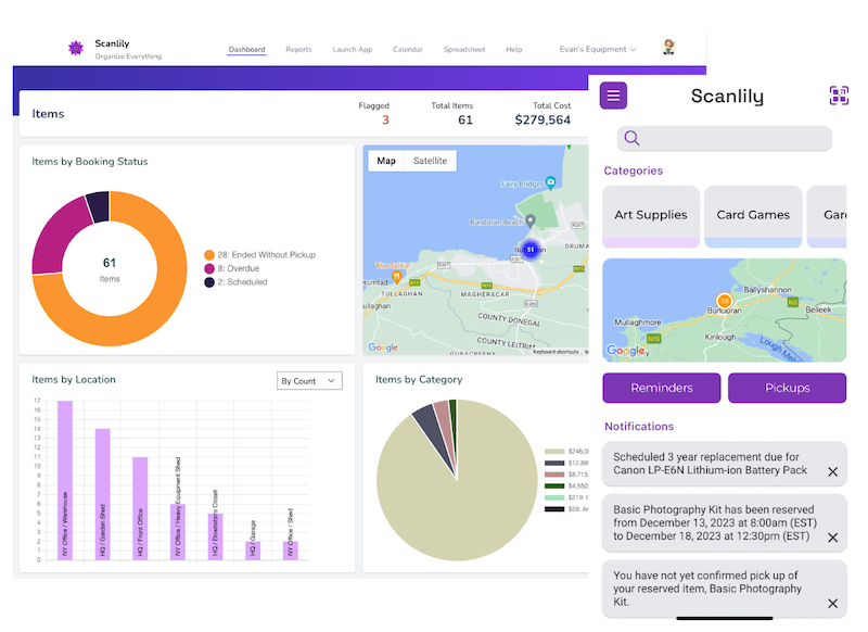 both_dashboards.png Scanlily web dashboard showing total quantity, cost and value of items.  It also shows four graphical reports: Items by Booking Status, a map of item locations, Items by Location and Items by Category.  Also contains image of Scanlily's mobile dashboard showing map for items, Reminder button, Pickup button, and list of Notifications such as a notification that a Lithium battery pack needs has reached its 3 year replacement time.