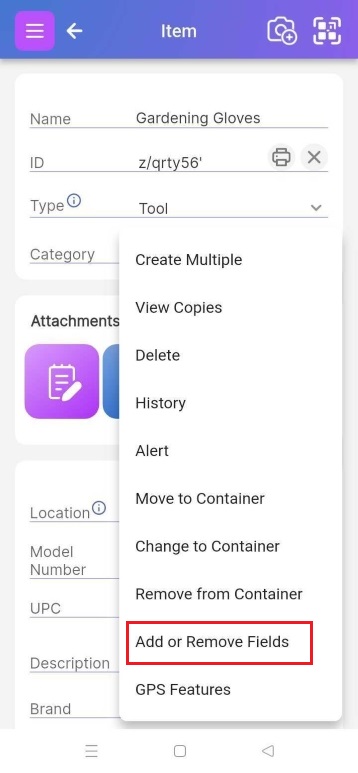 Image of bottom right menu in an opened state. Note that there is no Add to Container option. Add to the container by selecting under the 'Add items to container' section of the Container page.