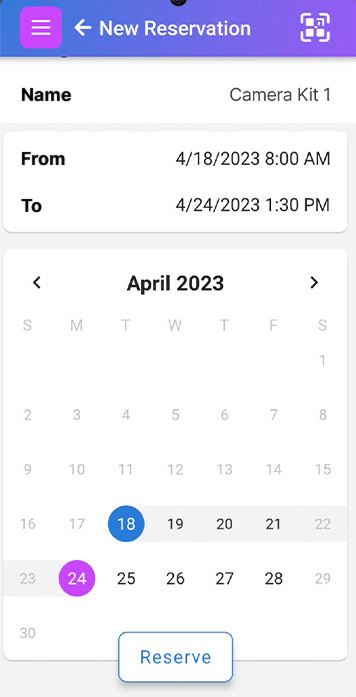 Image of Camera Kit 1 being reserved on the mobile app