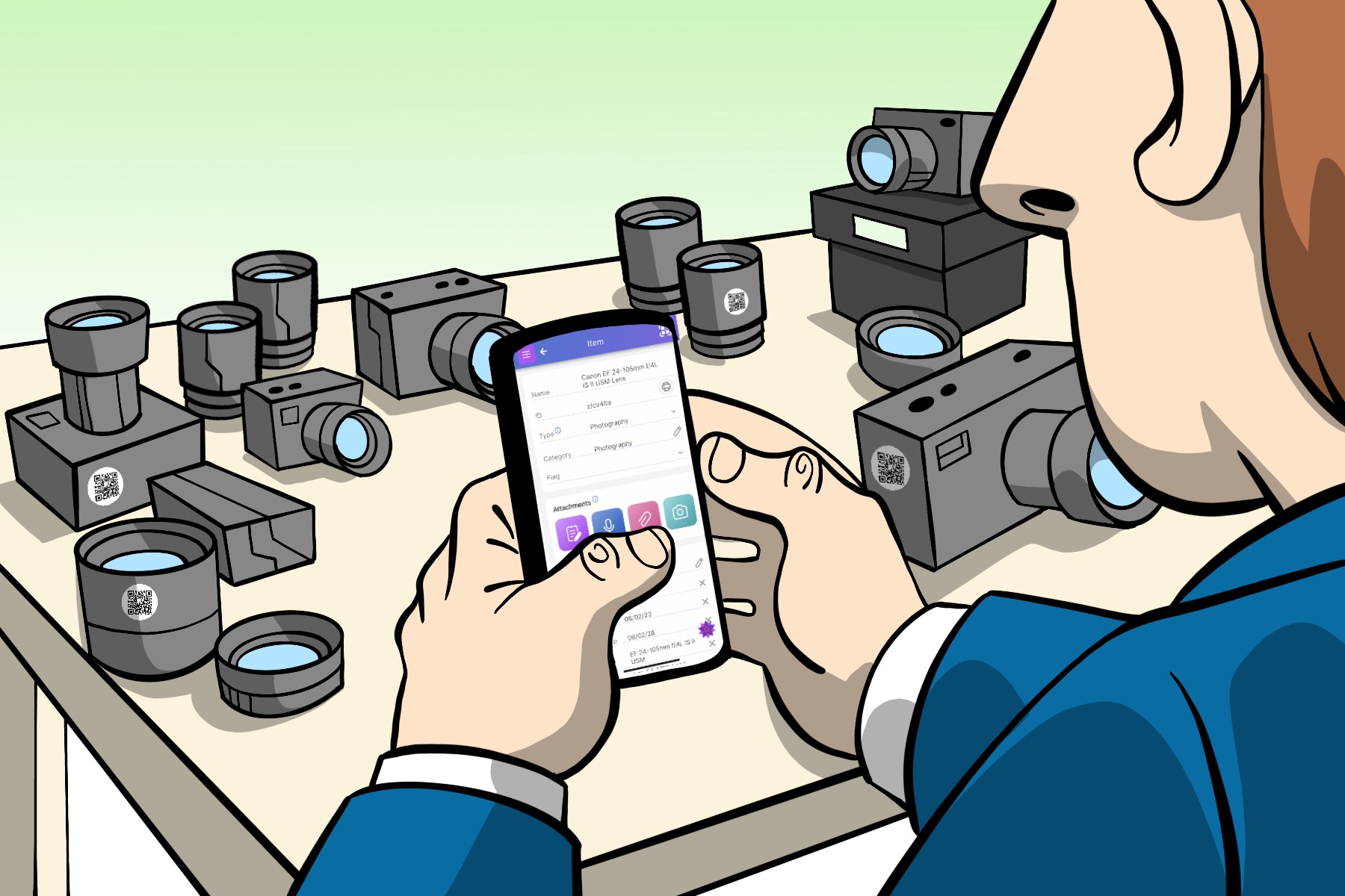 Illustration of person inventorying photographic equipment using Scanlily