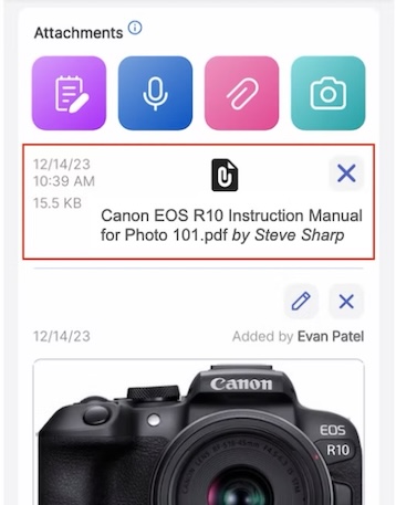 Item screen showing an item attachment