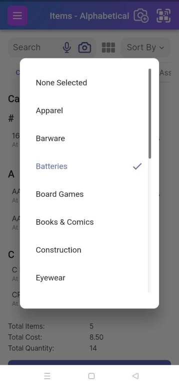 Image of category list selected on Item List page