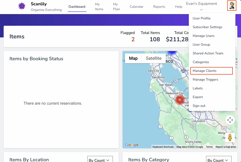 User profile menu showing Manage Clients option