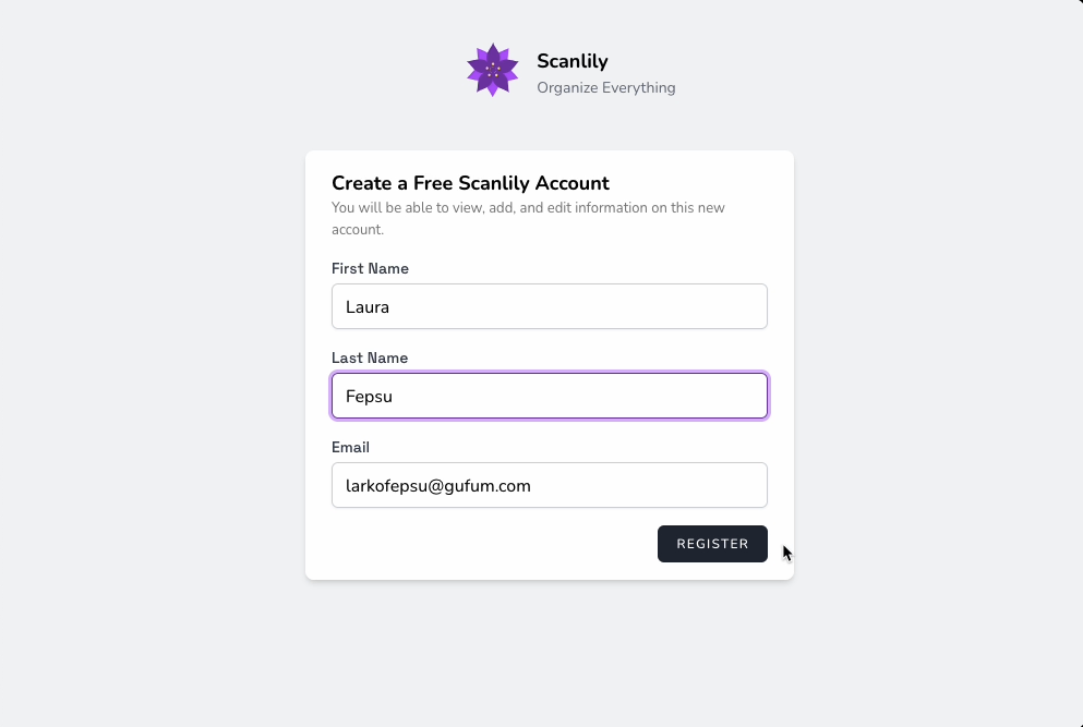 Create new client account form with fields for first name, last name, and email