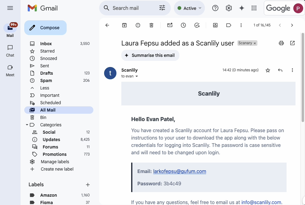 Email with client temporary login credentials