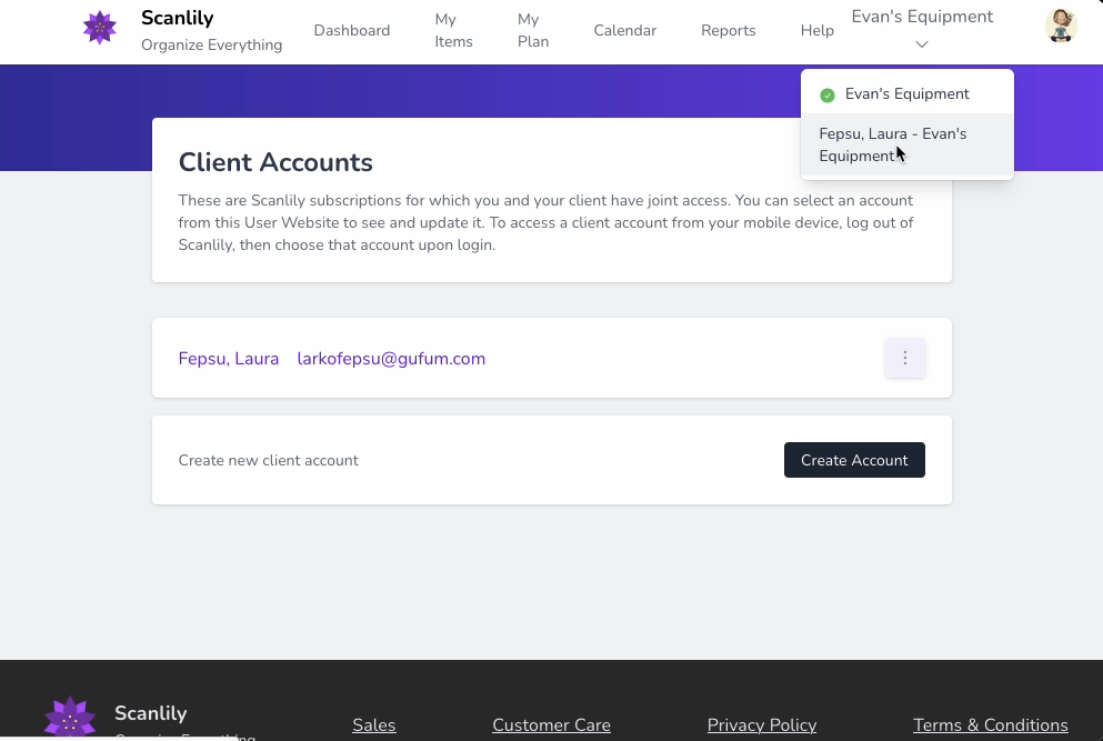 Client account feature on User Website
