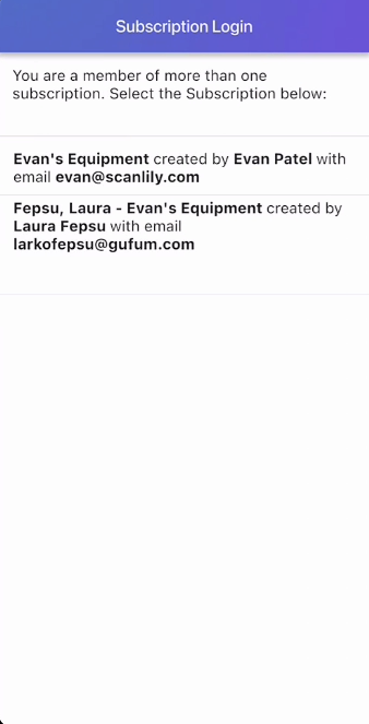 Mobile app subscription login screen showing available accounts