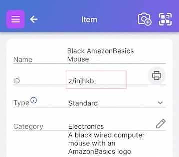a screenshot of the Scanlily app with a box drawn around the ID field