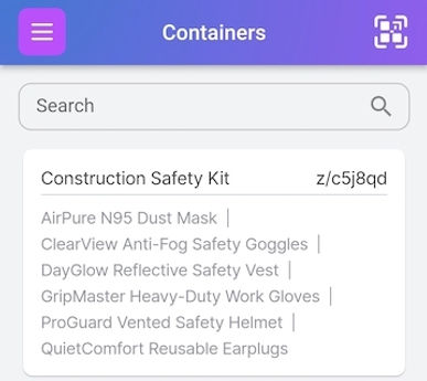 Container list screen showing Construction Safety Kit