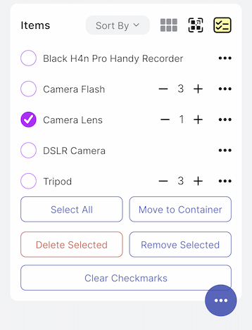 Container page showing items with selection checkboxes and action buttons