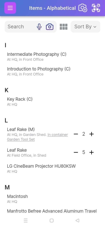 Image of Item List page with some containers