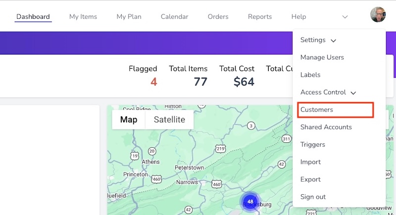 Scanlily User Website profile menu expanded with the Customers option highlighted in a red box