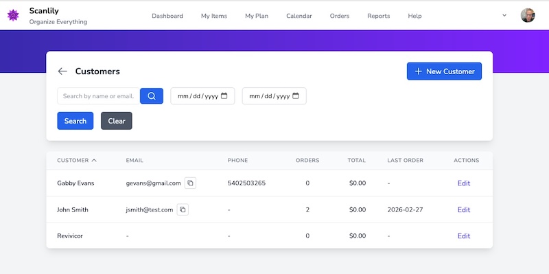 Customers list showing three customers with columns for name, email, phone, orders, total, last order, and edit actions