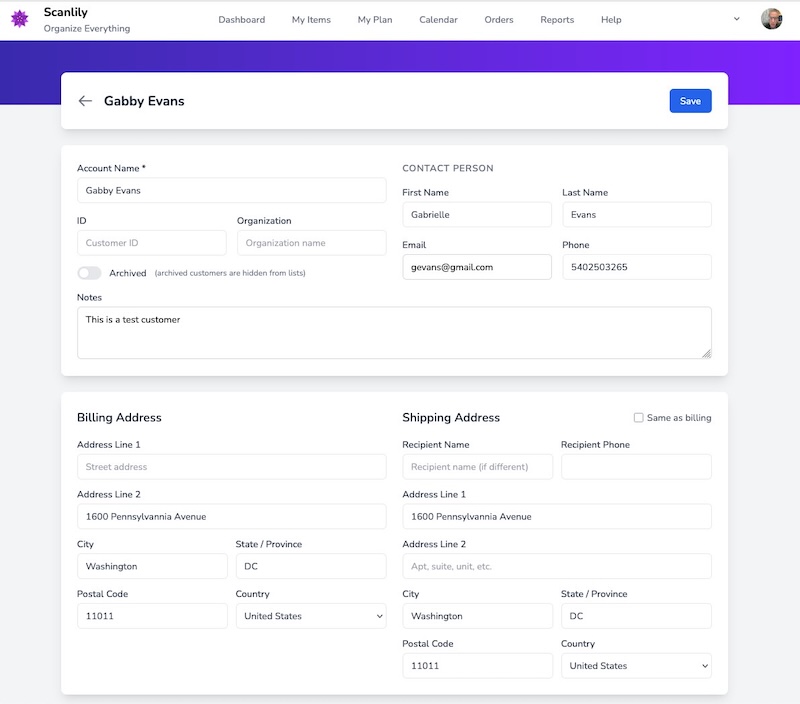 Customer detail page for Gabby Evans showing account name, contact person fields, organization, email, phone, notes, and billing and shipping addresses