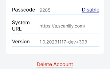 Settings Page with Passcode shown and