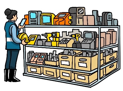 Surveyor using mobile device to inventory shelves full of construction-related instruments and tools