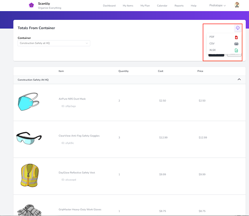 Report option to download as CSV, Excel or PDF file