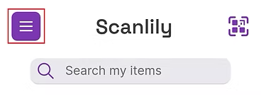 Menu button icon highlighted from top of Scanlily app screen