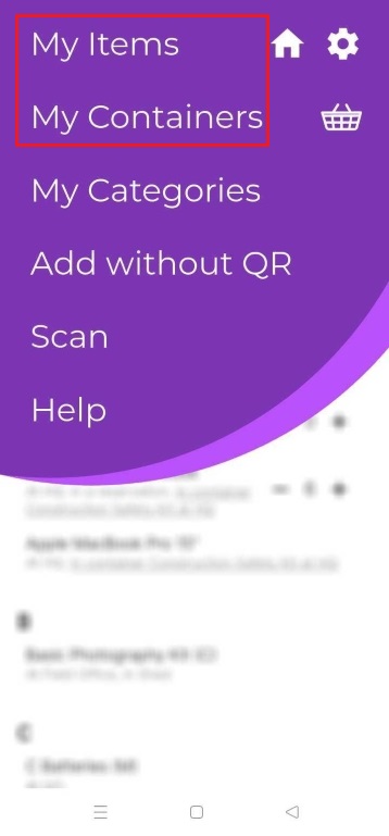 Image showing the upper left menu button with Containers and Items options, and a user typing in the search bar to find an item