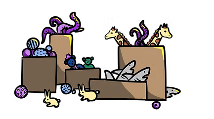 Illustration of boxes with Scanlily QR stickers on them. Toy animals and other toys are protruding from the boxes.