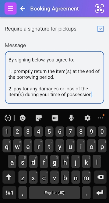 Booking agreement setting screen. Shows checkbox for requiring signature and the editable booking agreement
