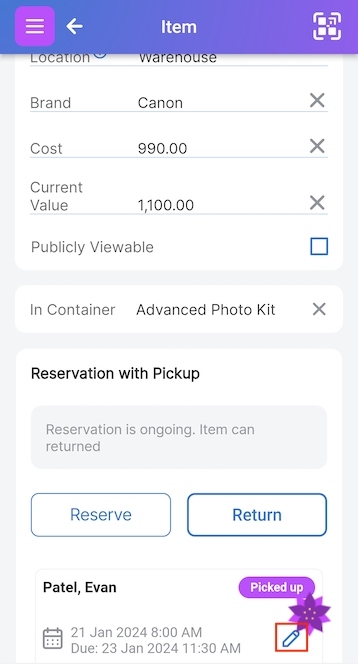 Item Page showing booking at the bottom and the edit pencil
