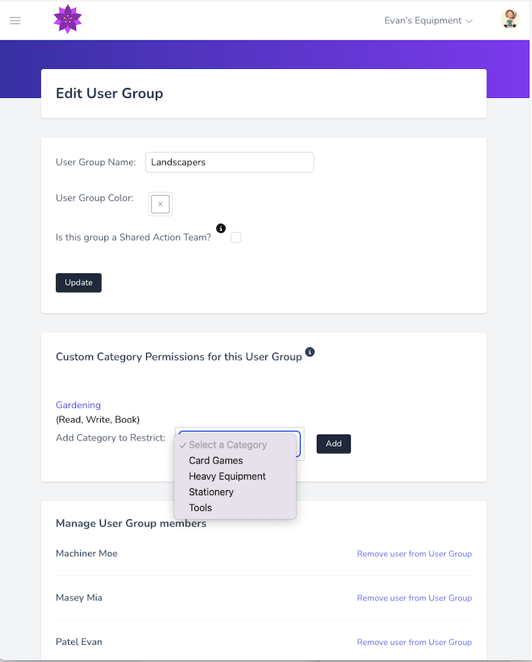 Edit User Group Page with ability to add group, indicate whether it is a shared action team, restrict categories and add or edit users