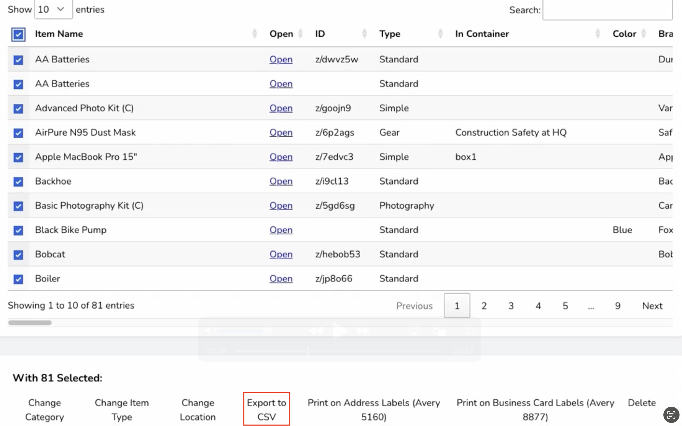 Scanily Spreadsheet with Export to CSV option highlighted