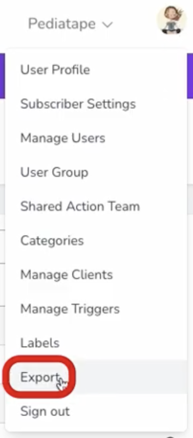 User menu showing Export option
