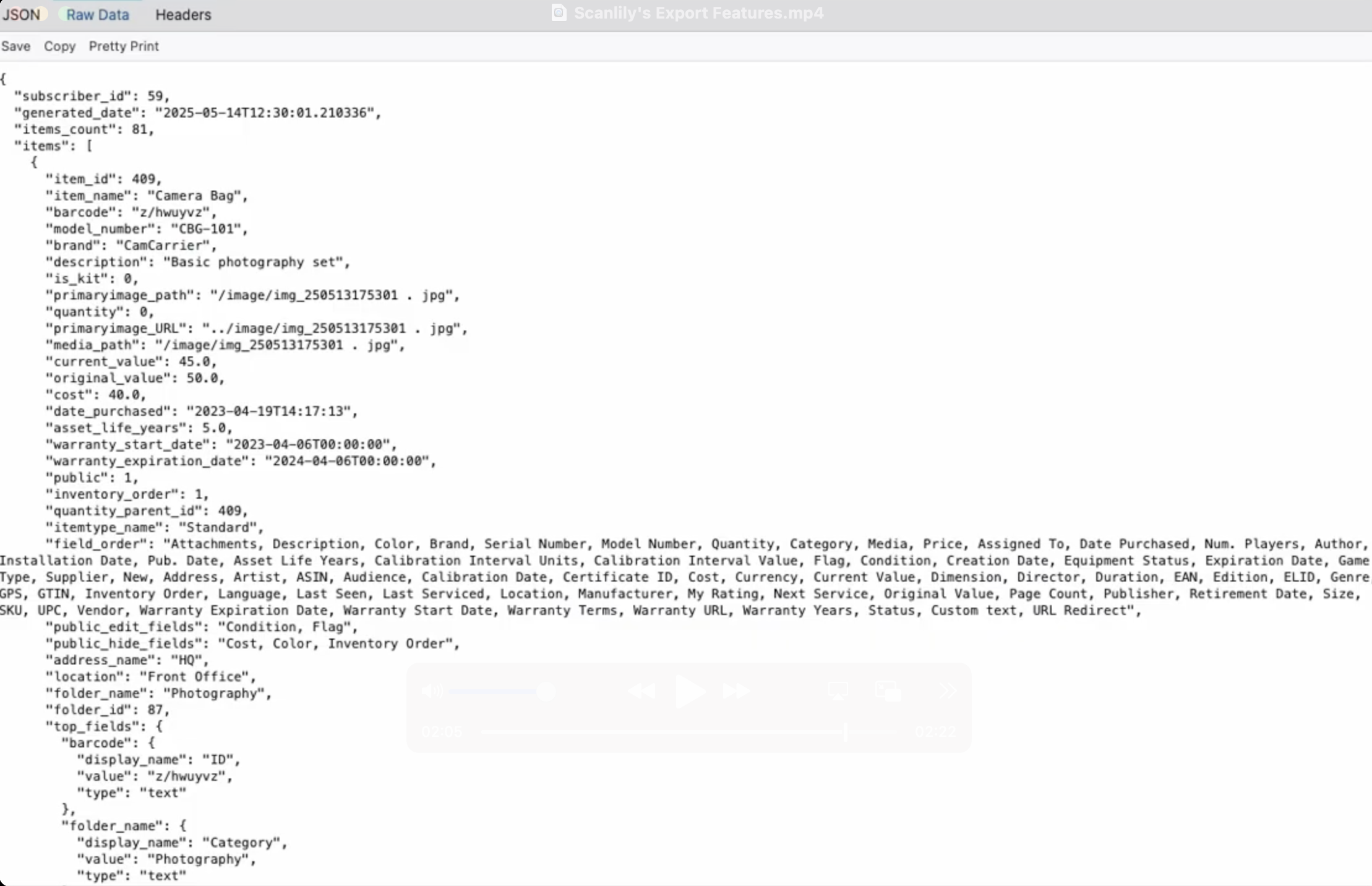 JSON data file showing structured inventory data