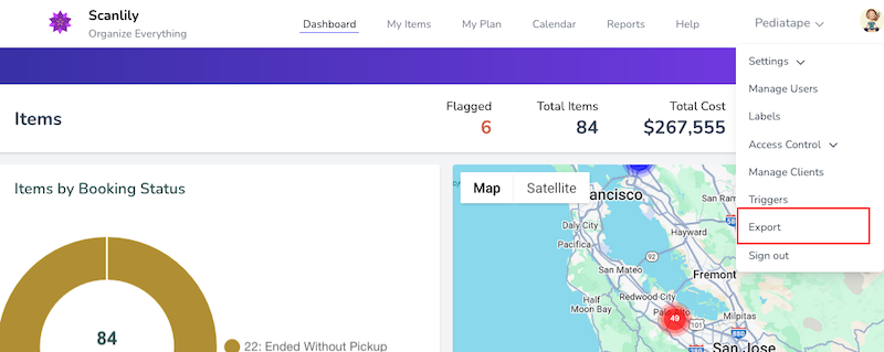 Export option on upper right menu on User Website