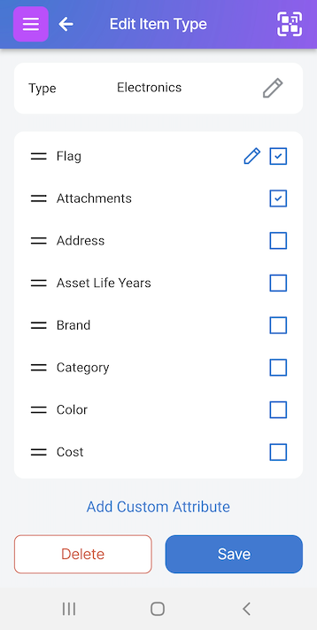Pencil shown next to Flag attribute on Edit Item Type screen