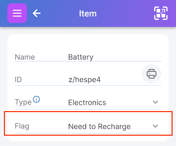 Item screen for item Battery with Flag field set as Need to Recharge
