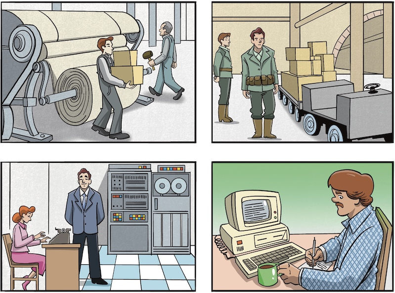 Four-panel illustration including 19th century factory, WW2 factory, 1960s mainframe computer and 1980s dude working on a PC