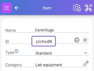 Scanlily QR code highlighted on the Item screen in the ID field