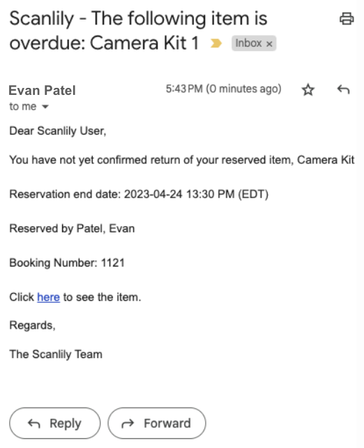 Image screenshot of a Reserved Item Not Returned email