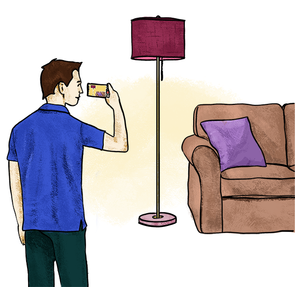 Insurance adjuster photographing couch and lamp