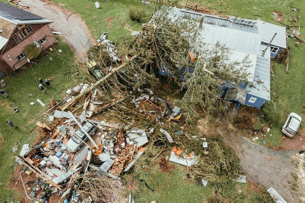 Aerial view of a destroyed house