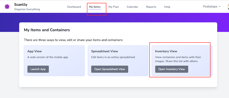 Inventory View option selection in the My Items section of the User Website