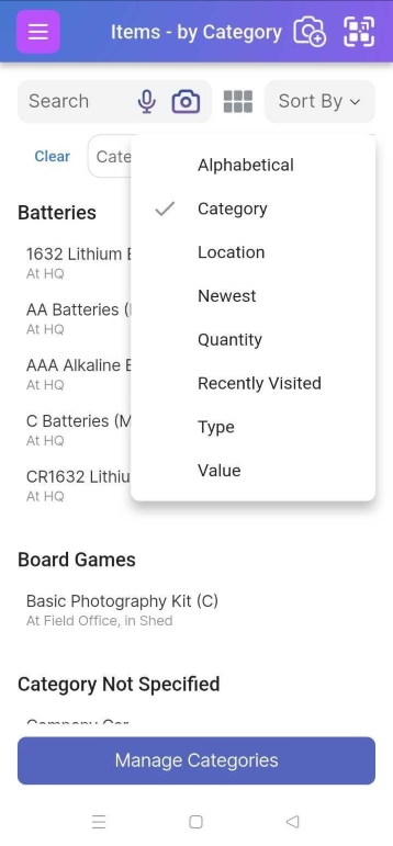 Image of Item List Page with Sort By dropdown selected and grouped by Category