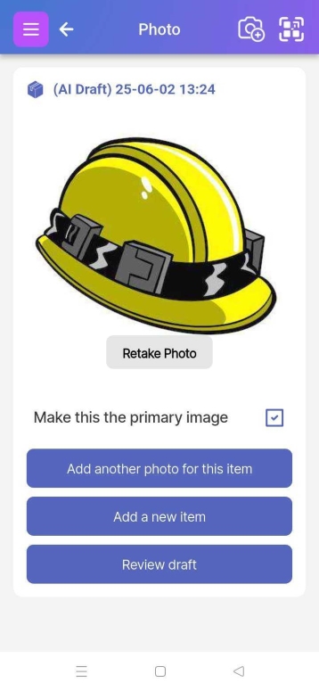 Image showing photo page with option to add another photo for the same Item