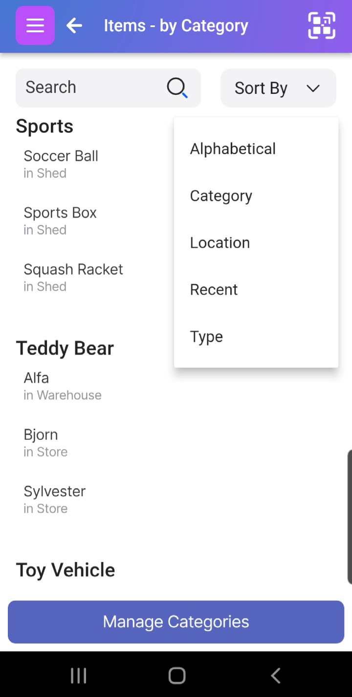 Image of Item List (Items) page by Category with a dropdown menu showing the grouping options, including by Category