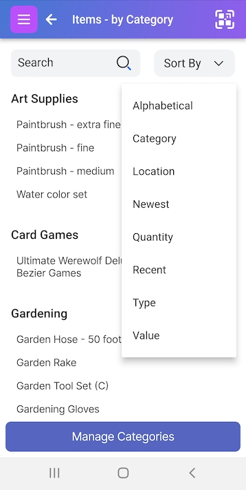 Image of Item List page grouped by Address and Location. Sorting options include Alphabetical, Category, Location, Newest, Quantity, Recent, Type and Value